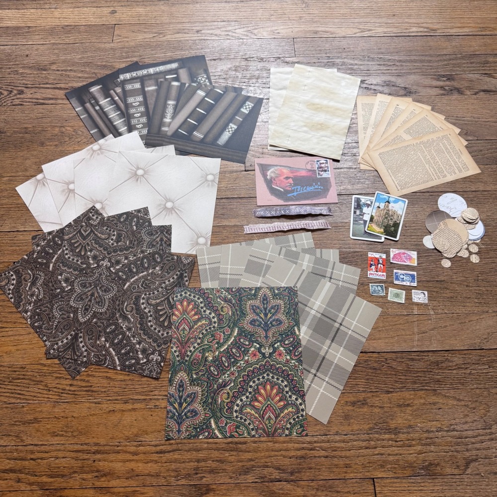 Junk journal Wallpaper, stamps, circles, cards postcard ephemera pack 2318
